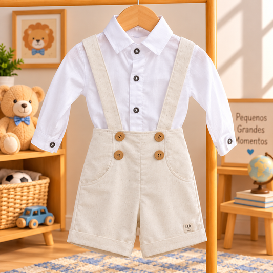 Conjunto Infantil Masculino Camisa Manga Longa e Bermuda Cru com Suspensório