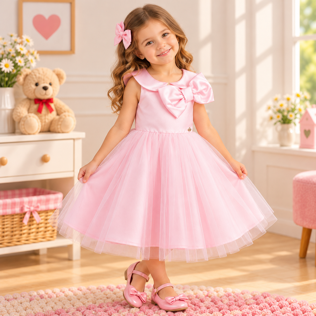 Vestido de Festa Infantil Rosa-Claro com Laço e Saia de Tule