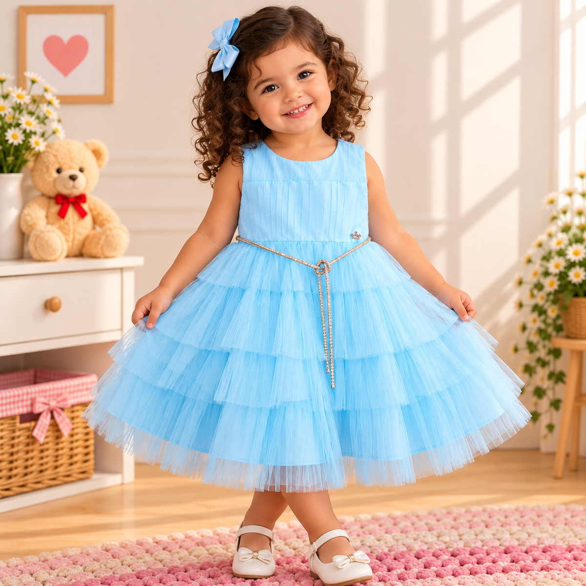 Vestido de Festa Infantil Azul-Claro com Tule e Cordão Brilhante