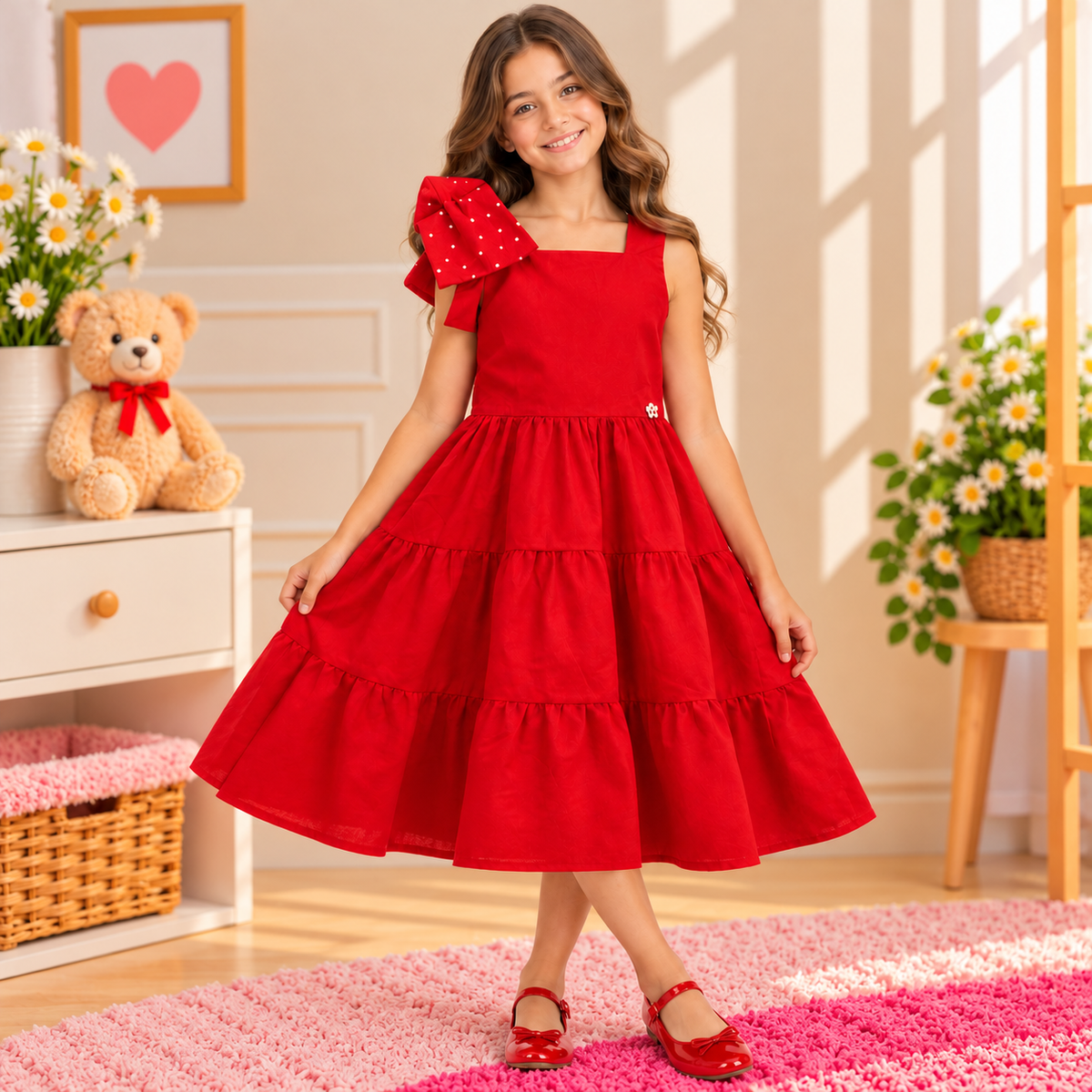 Vestido Infantil Vermelho com Babado na Alça e Saia em Camadas