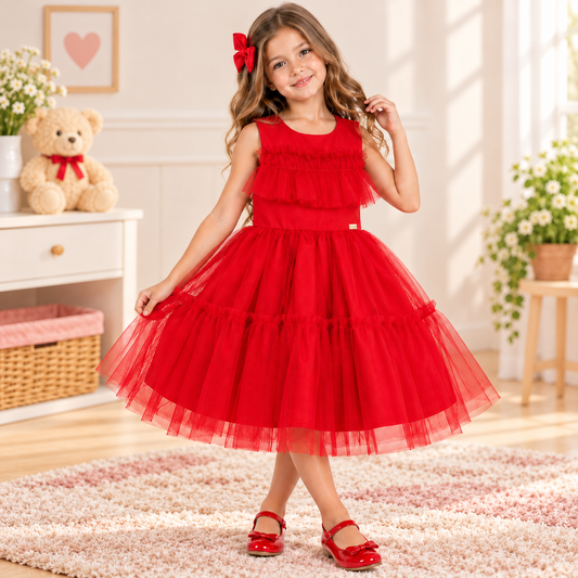 Vestido de Festa Infantil Vermelho com Tule e Babados