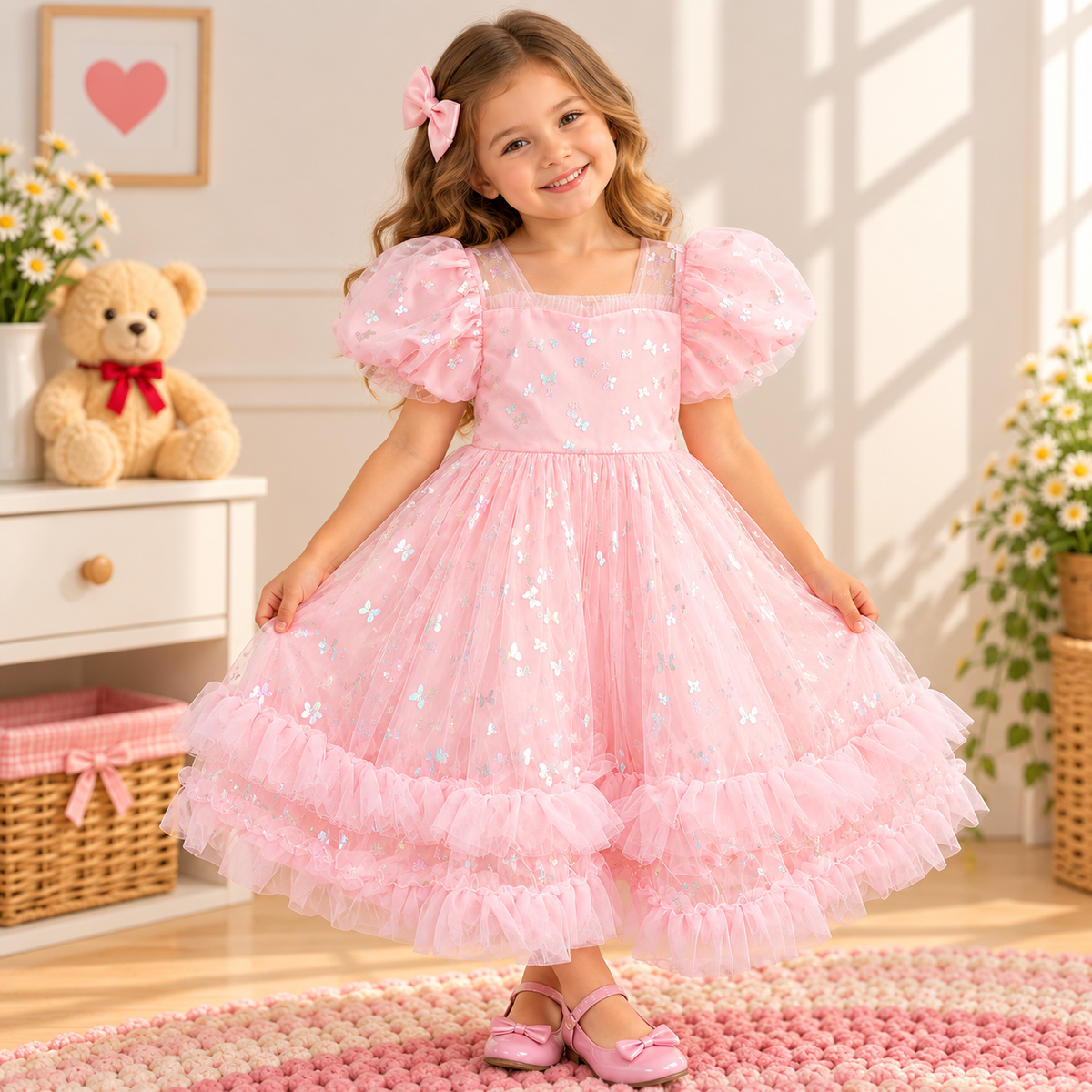 Vestido de Festa Infantil Rosa com Borboletas Brilhantes e Tule