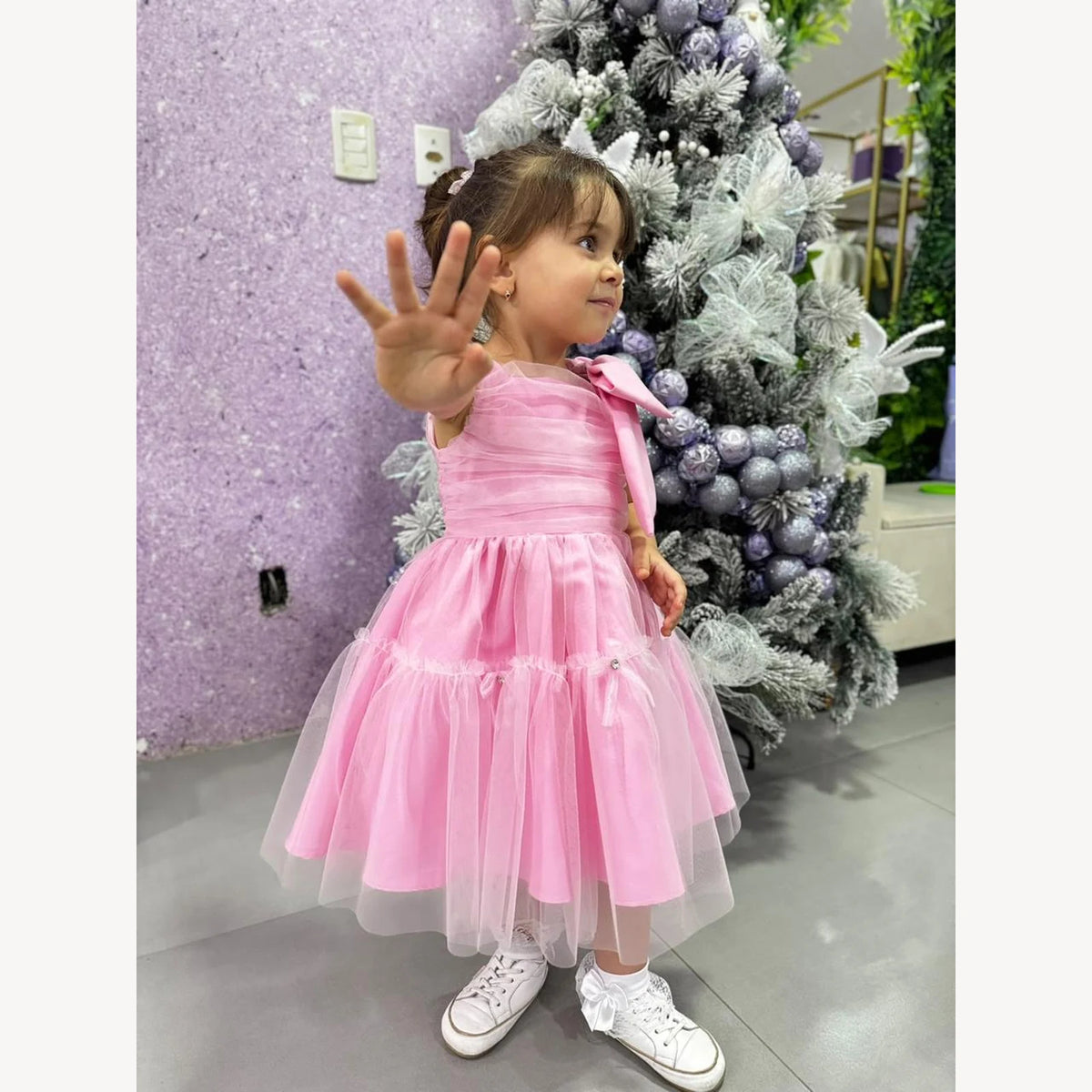 Vestido de Festa Infantil Rosa com Laço e Saia de Tule