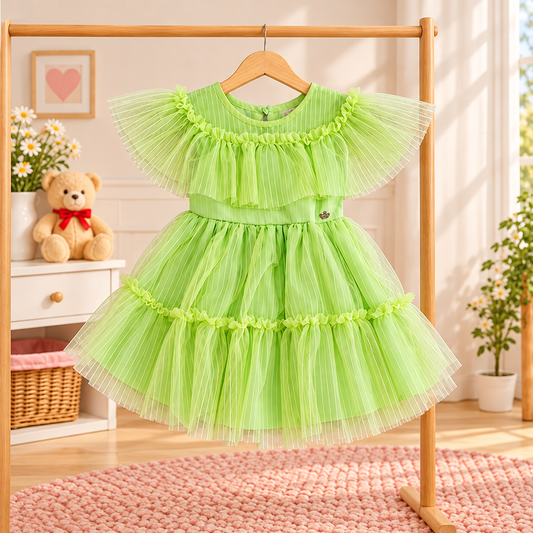Vestido de Festa Infantil Verde-Lima em Tule Plissado
