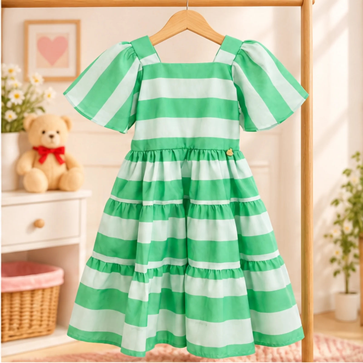 Vestido Infantil Listrado Verde com Mangas Amplas
