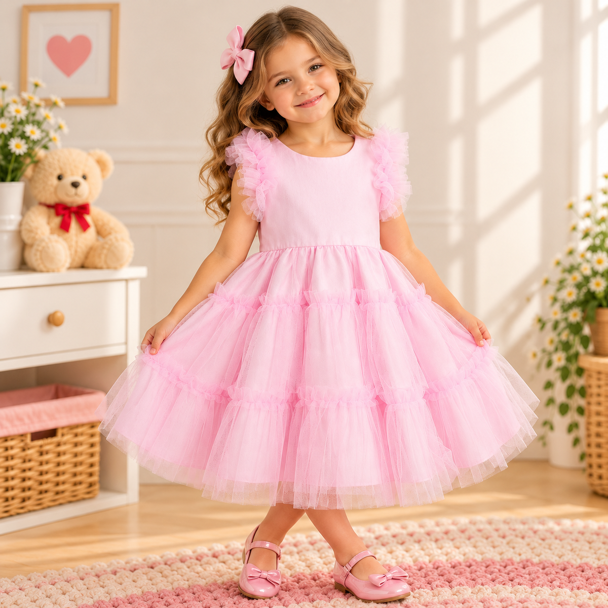 Vestido de Festa Infantil Rosa-Claro com Babados em Tule24