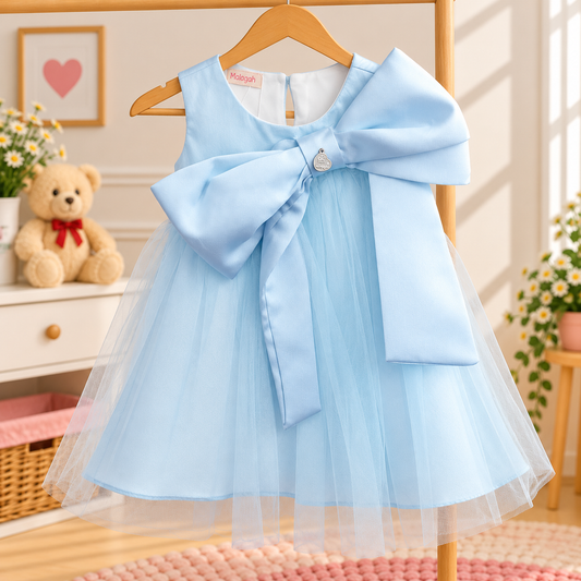 Vestido de Festa Infantil Azul-Claro com Laço Grande e Saia de Tule