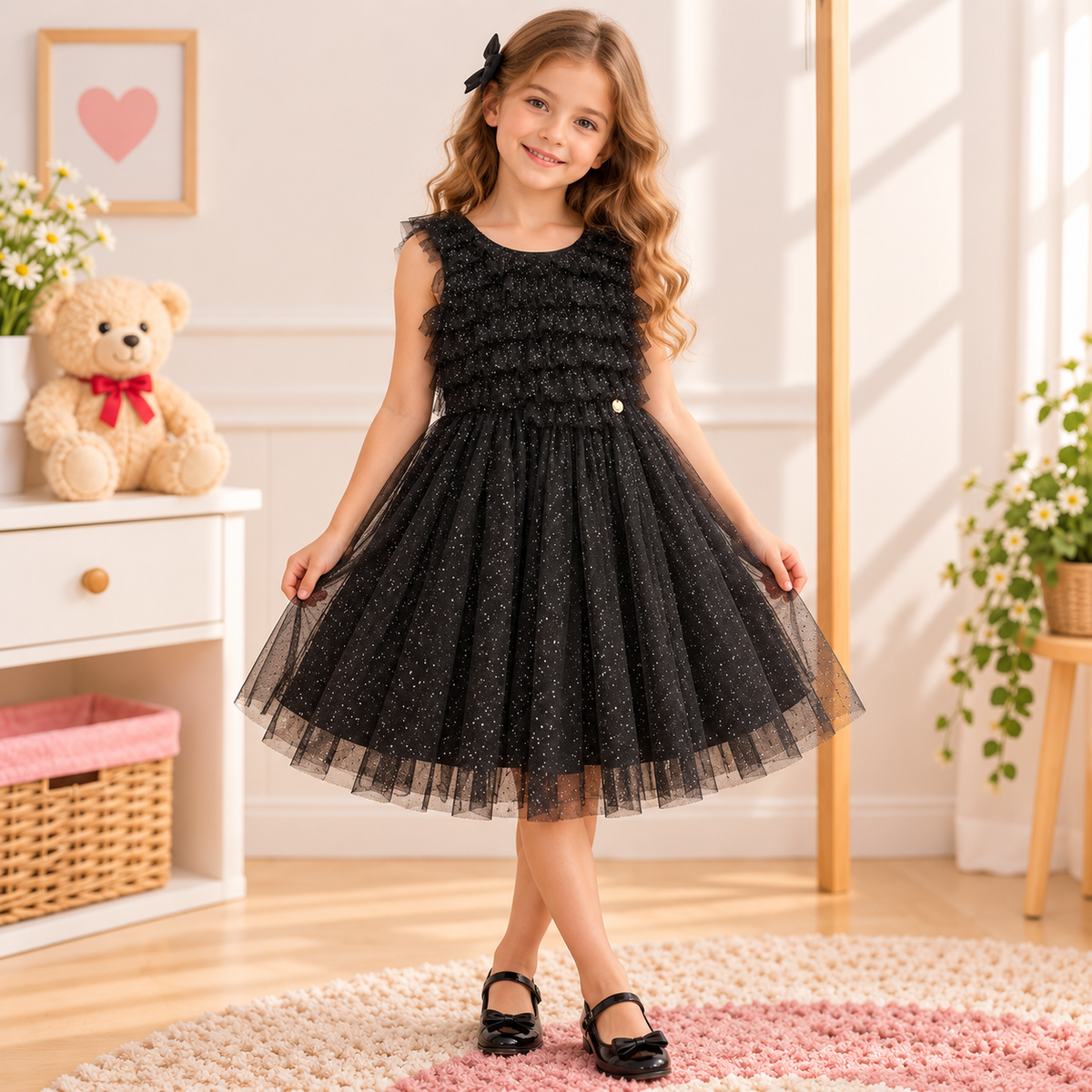 Vestido de Festa Infantil Preto com Tule Brilhante e Babados