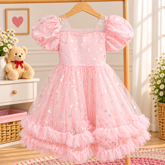 Vestido de Festa Infantil Rosa com Borboletas Brilhantes e Tule