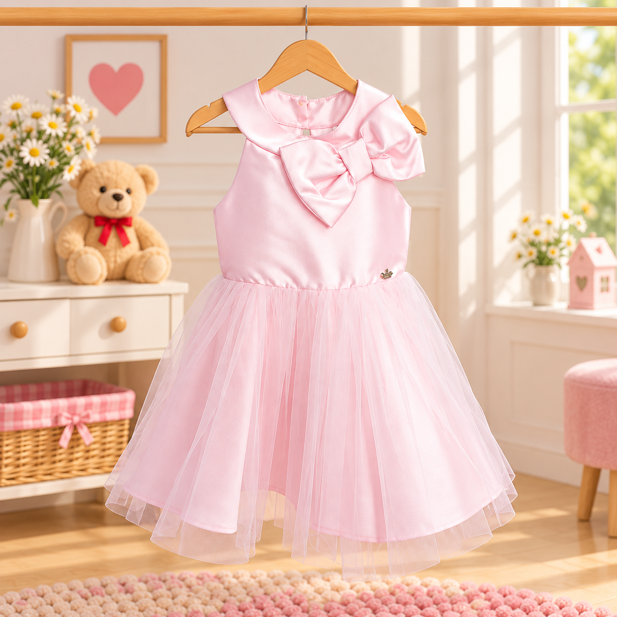 Vestido de Festa Infantil Rosa-Claro com Laço e Saia de Tule